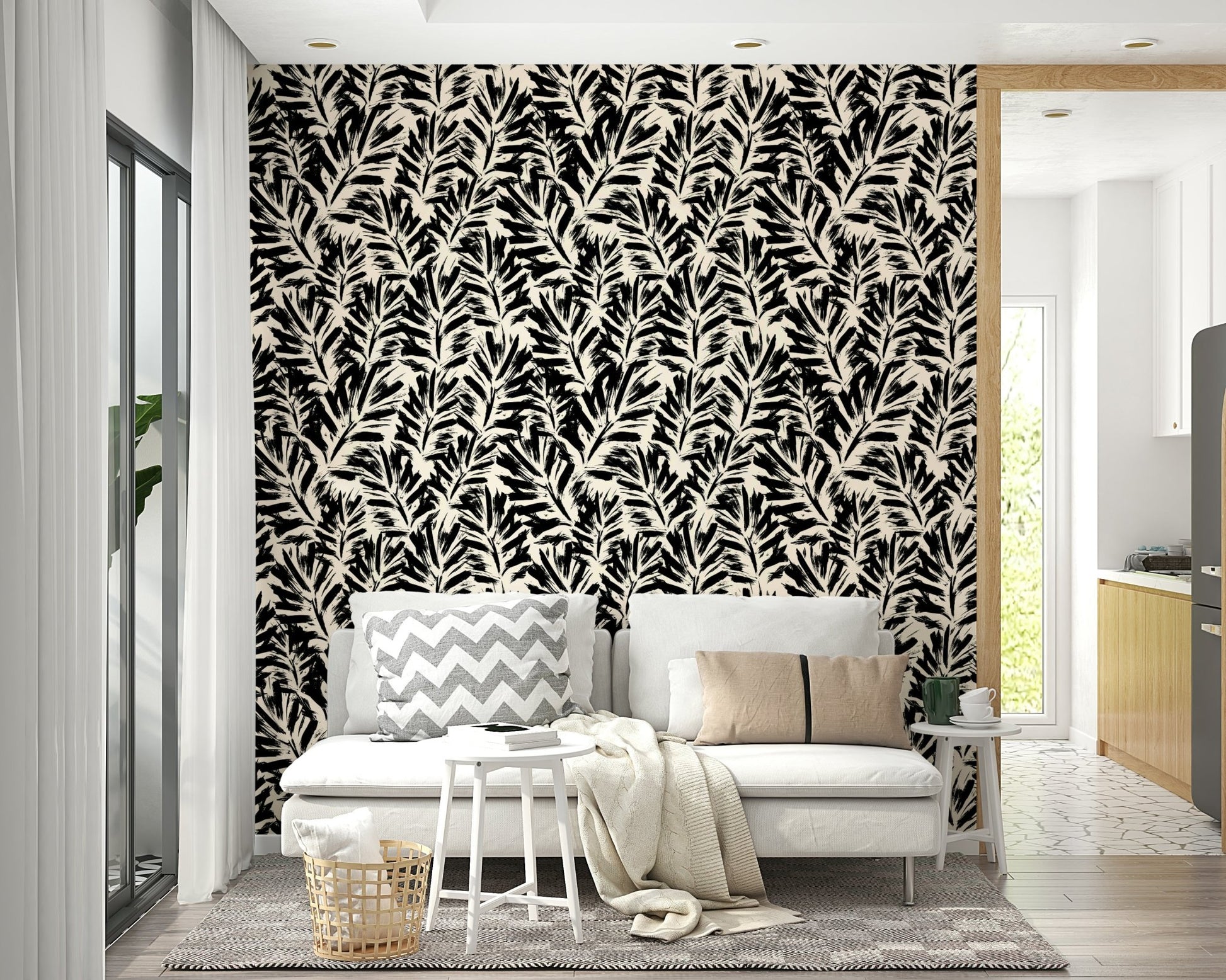 Hand painted leaves wallpaper on a bedroom wall

