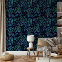 A minimalist home office with the night plants wallpaper.

