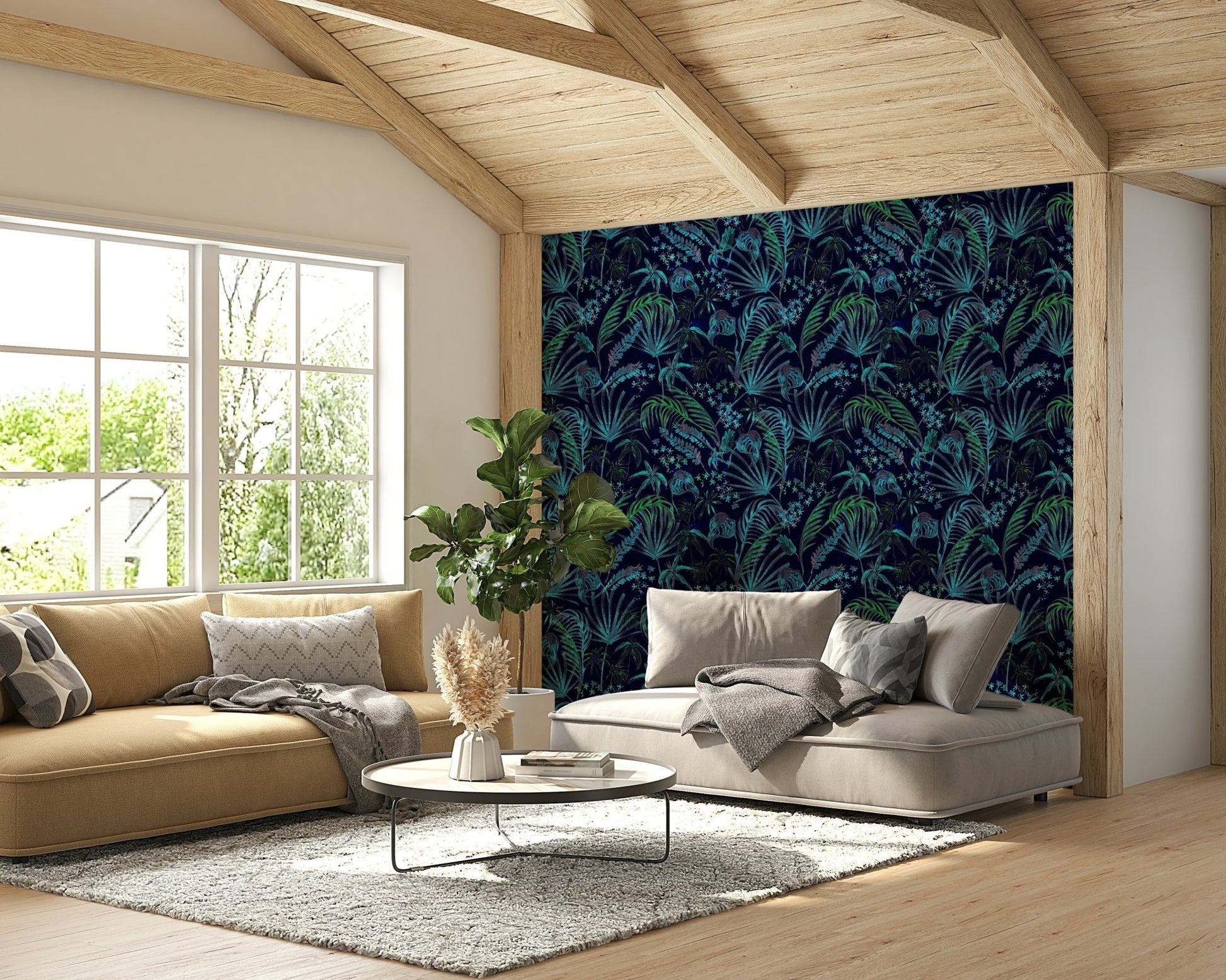A beautiful modern living room with a night plants mural.

