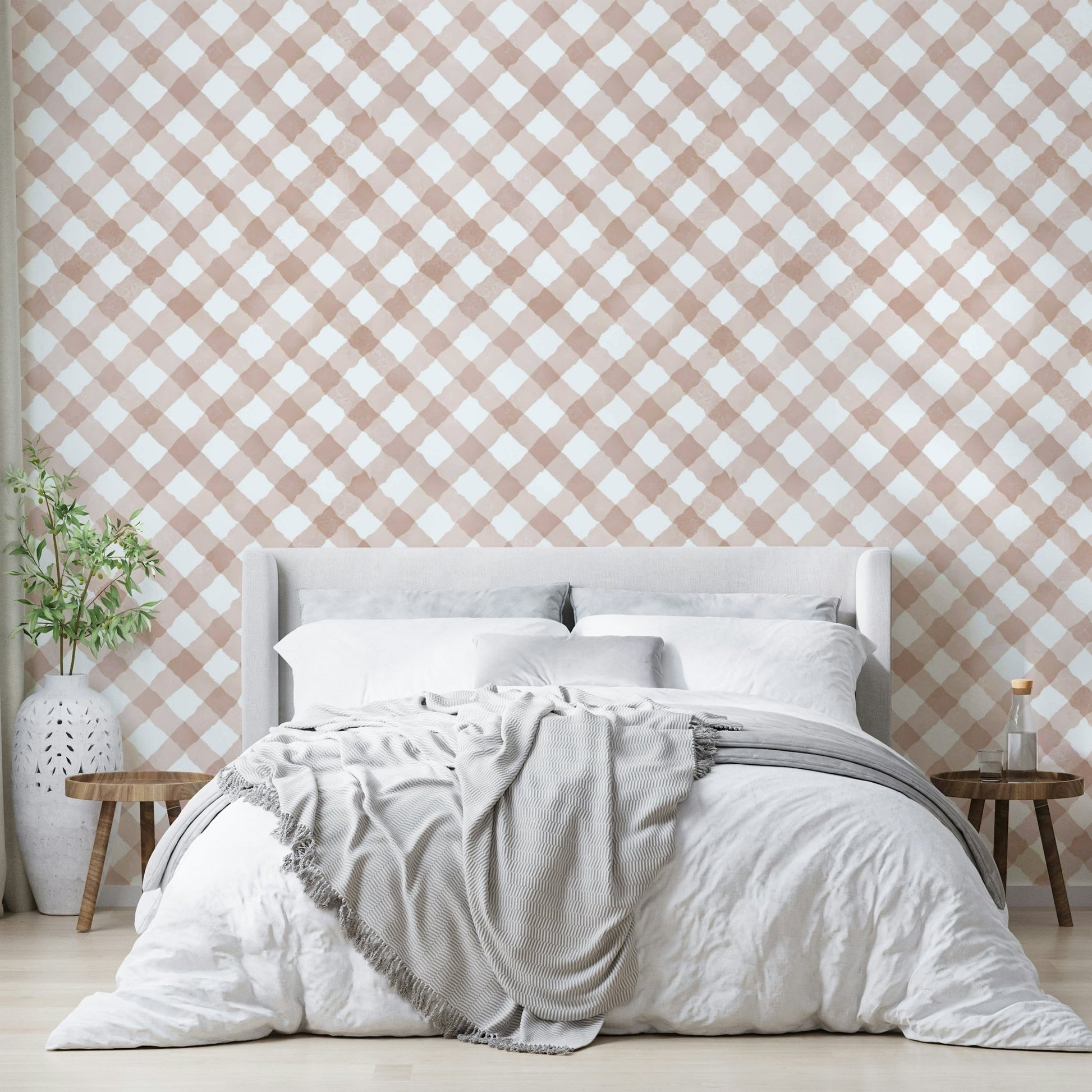 Hand painted pink gingham wallpaper pattern
