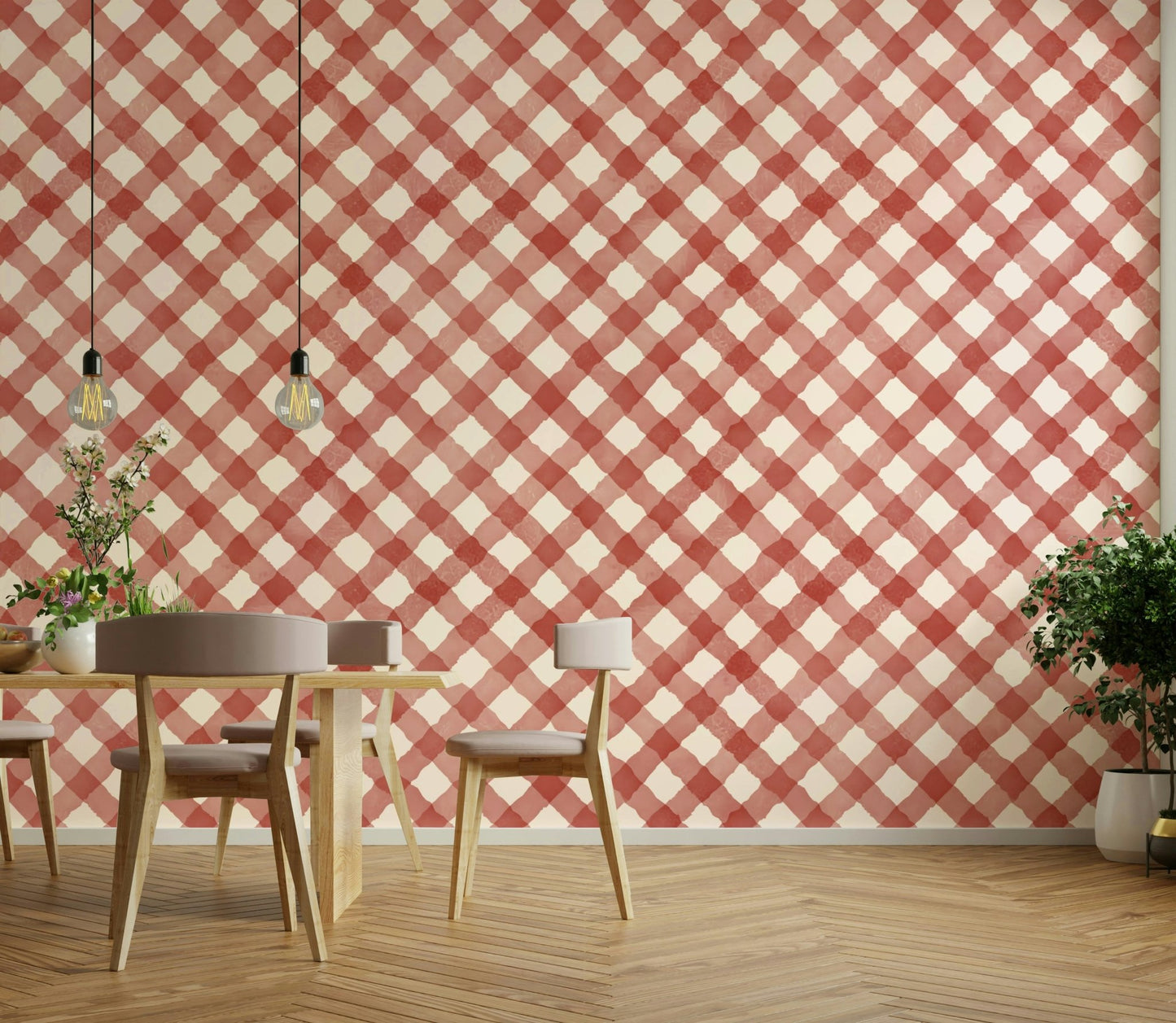 Rustic kitchen with red checkered wallpaper
