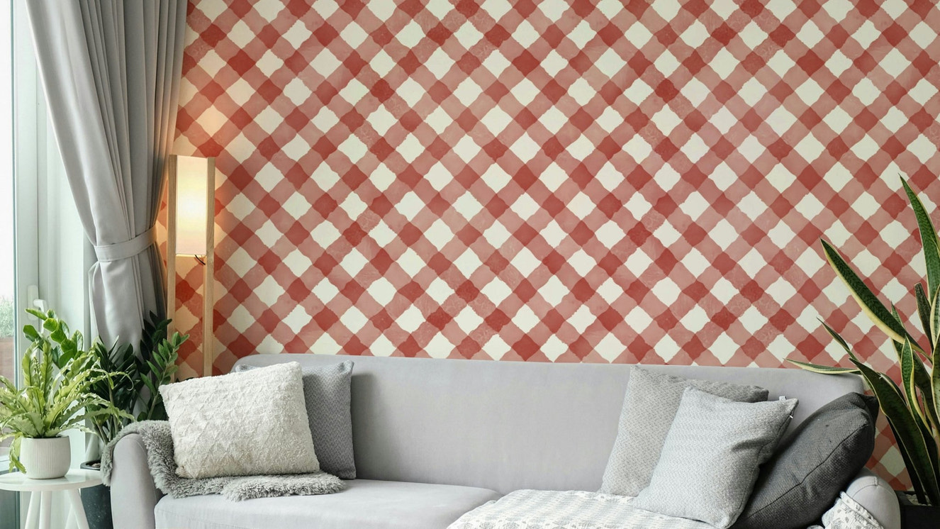 Hand painted red gingham wallpaper design
