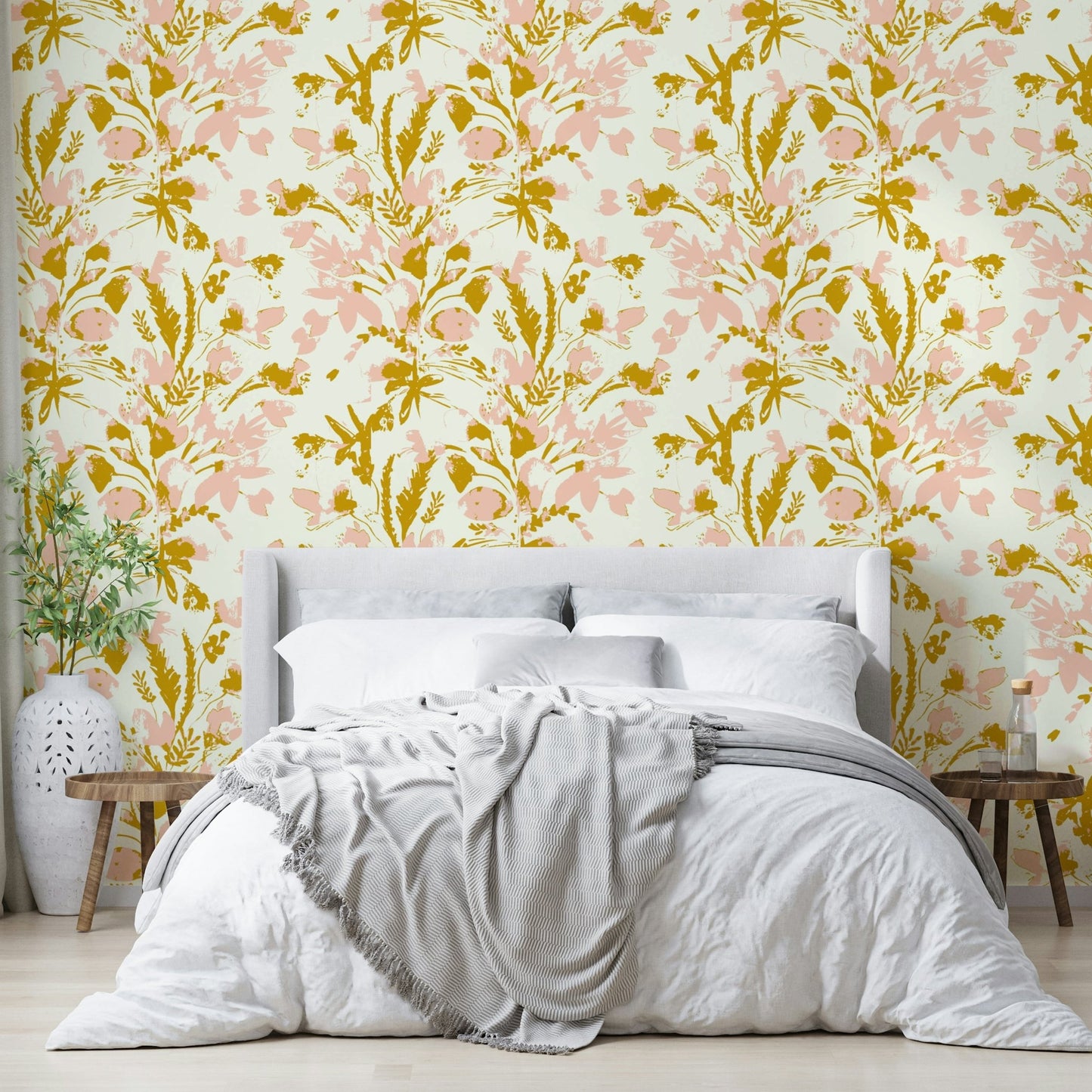 Wallpaper with a vibrant floral mural design


