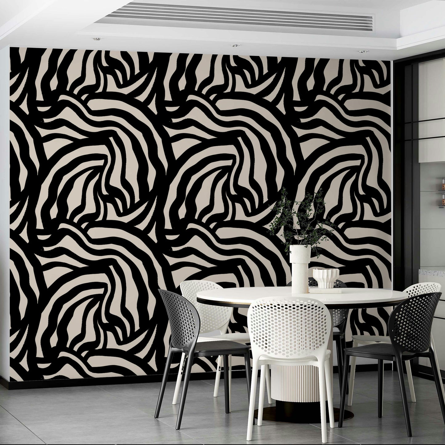  A seamless repeat of the wavy black lines pattern across a large wall