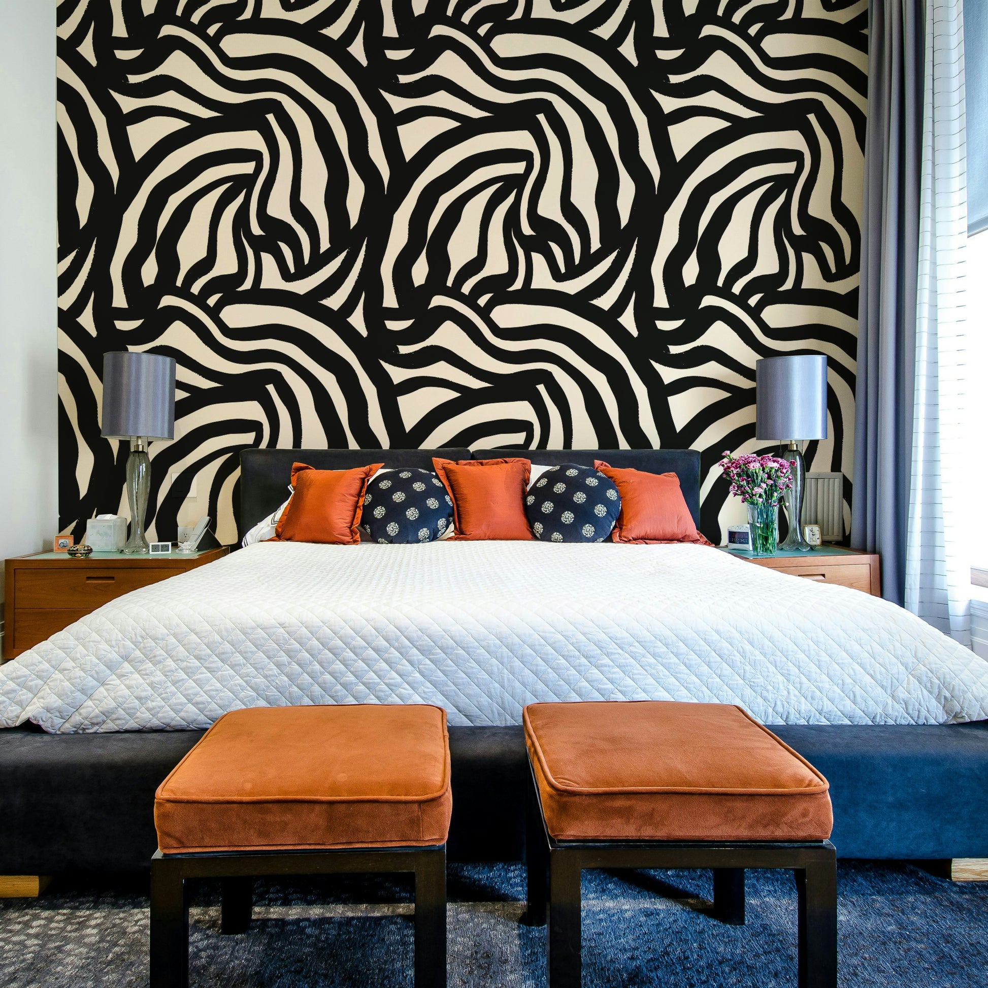 A detail shot of the wavy pattern, highlighting the hand-painted appearance