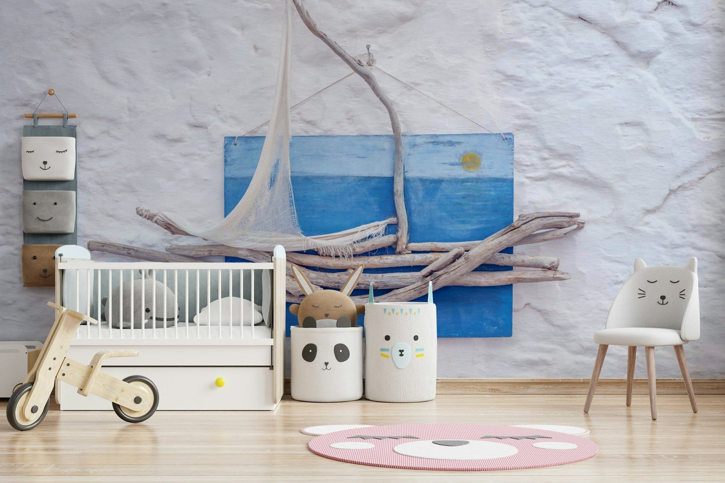 An artistic driftwood vessel mural on minimalist wallpaper.

