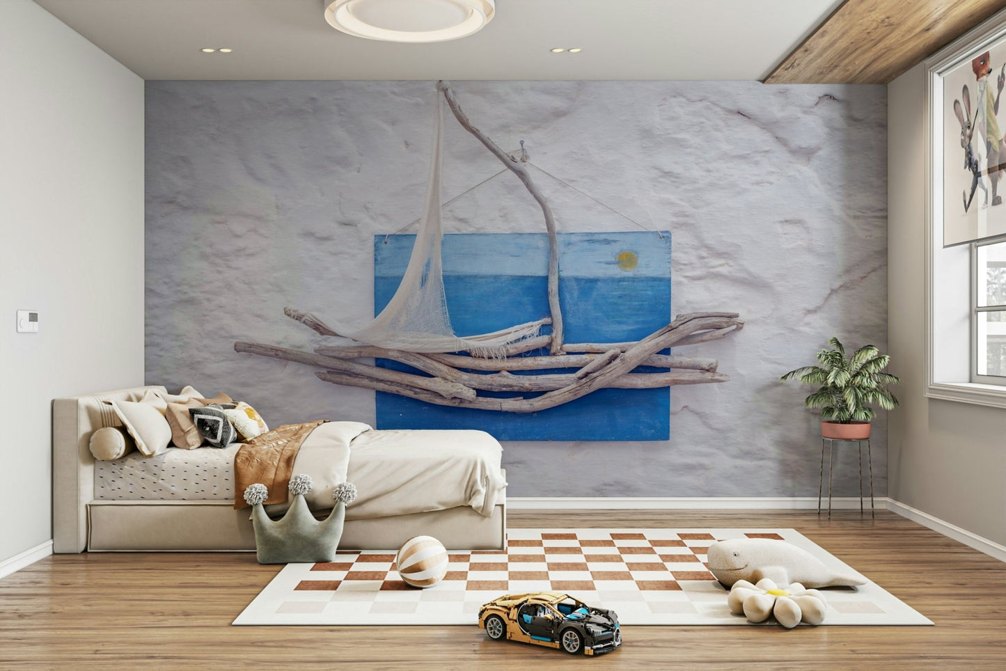 A graceful subtle boat wall mural in rustic, natural tones.

