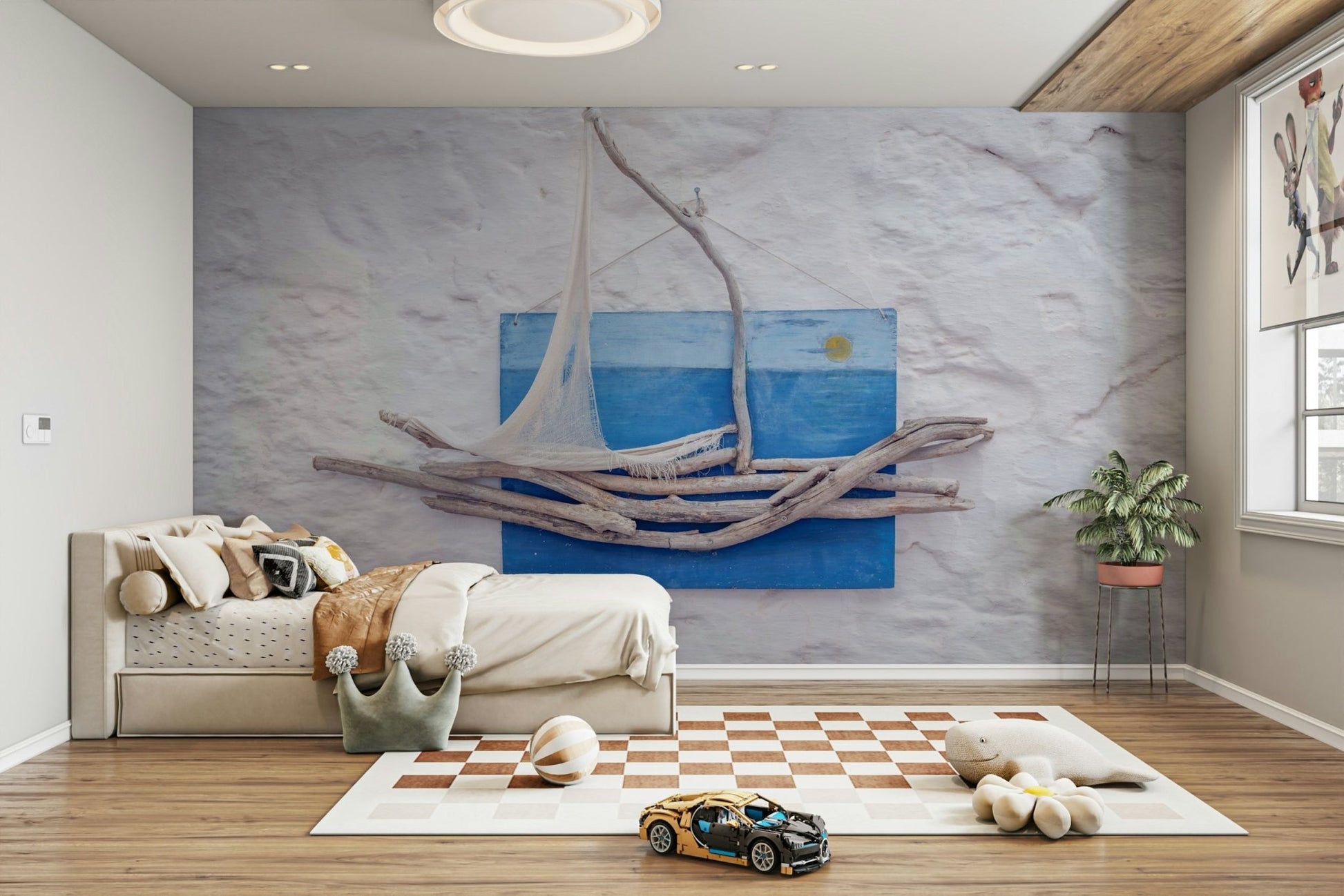 A graceful subtle boat wall mural in rustic, natural tones.


