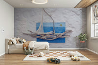 A graceful subtle boat wall mural in rustic, natural tones.

