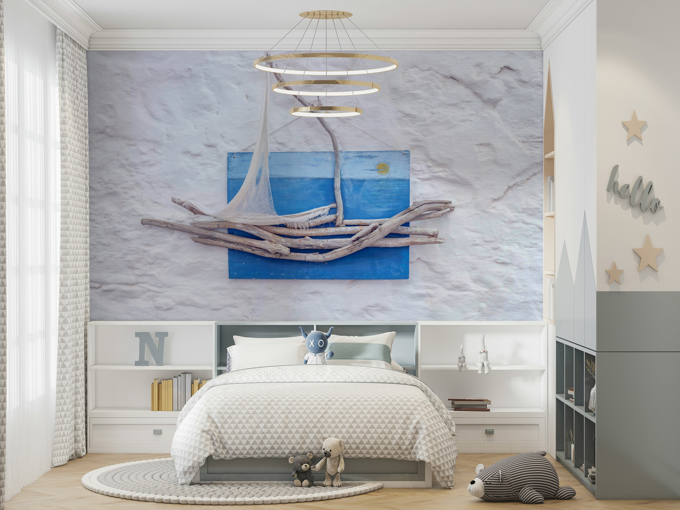 A beautiful driftwood boat wallpaper mural for a modern home.

