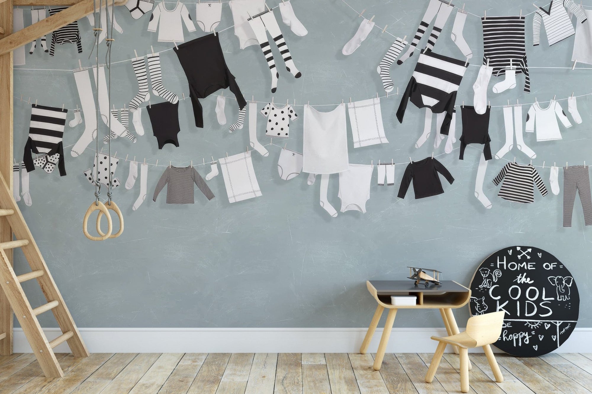 Monochrome hanging laundry wallpaper mural, C85