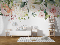 Soft pastel floral design with roses and greenery.