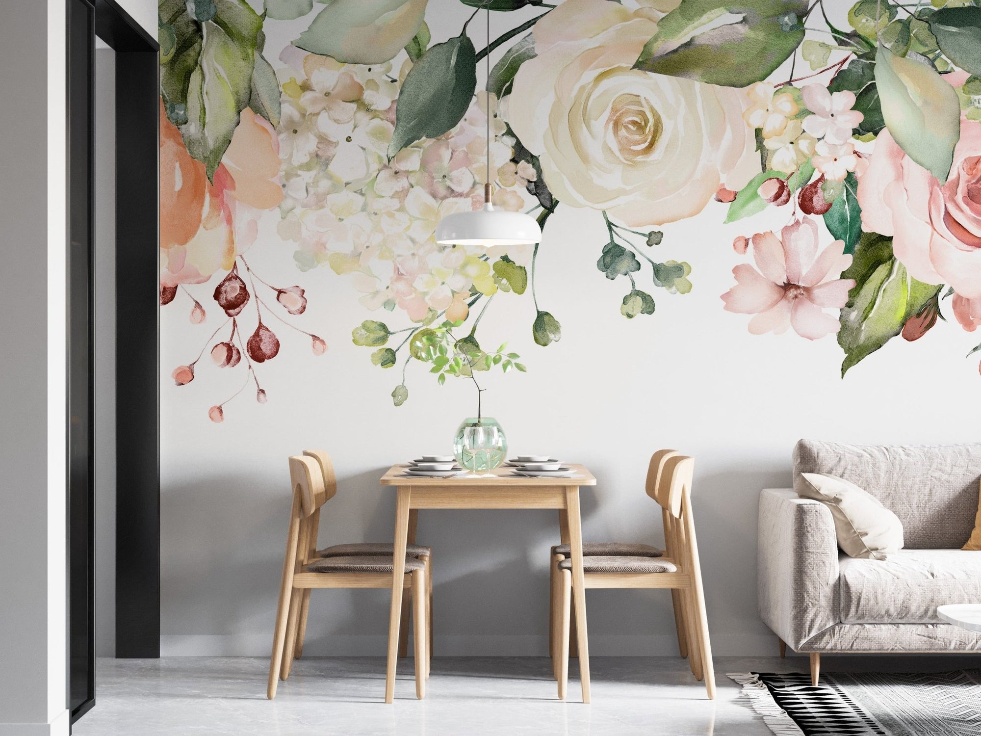 Elegant watercolor pink flowers with lush green leaves. A755