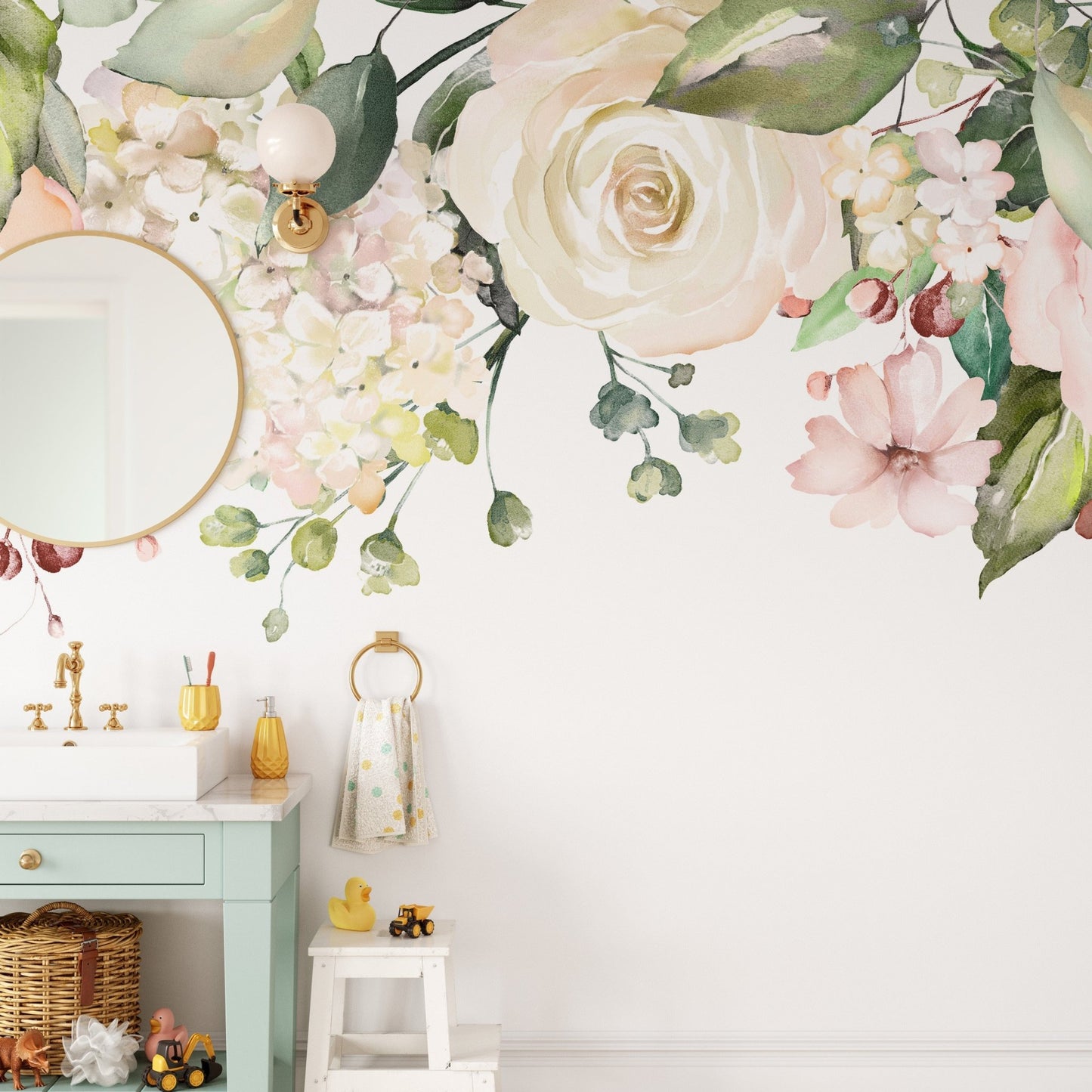 Hanging pink flowers and green foliage mural