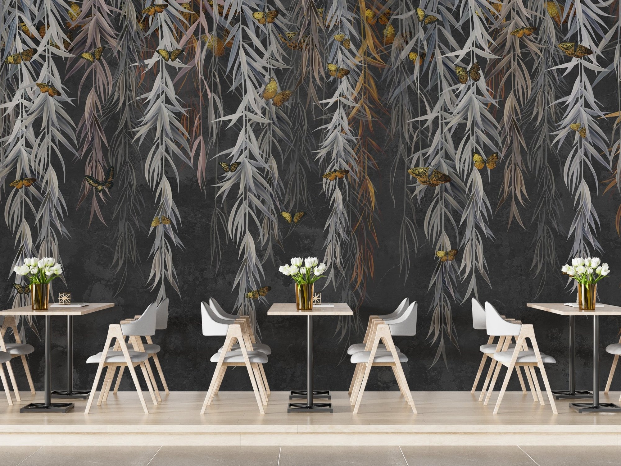 Hanging Willow Leaves and Butterflies Wallpaper Mural A200