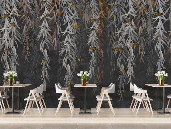 Hanging Willow Leaves and Butterflies Wallpaper Mural A200