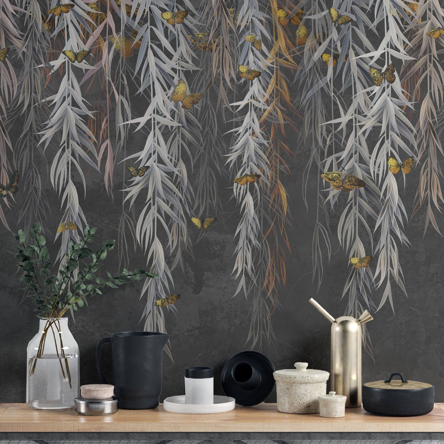 Hanging Willow Leaves and Butterflies Wallpaper Mural - Giffywalls