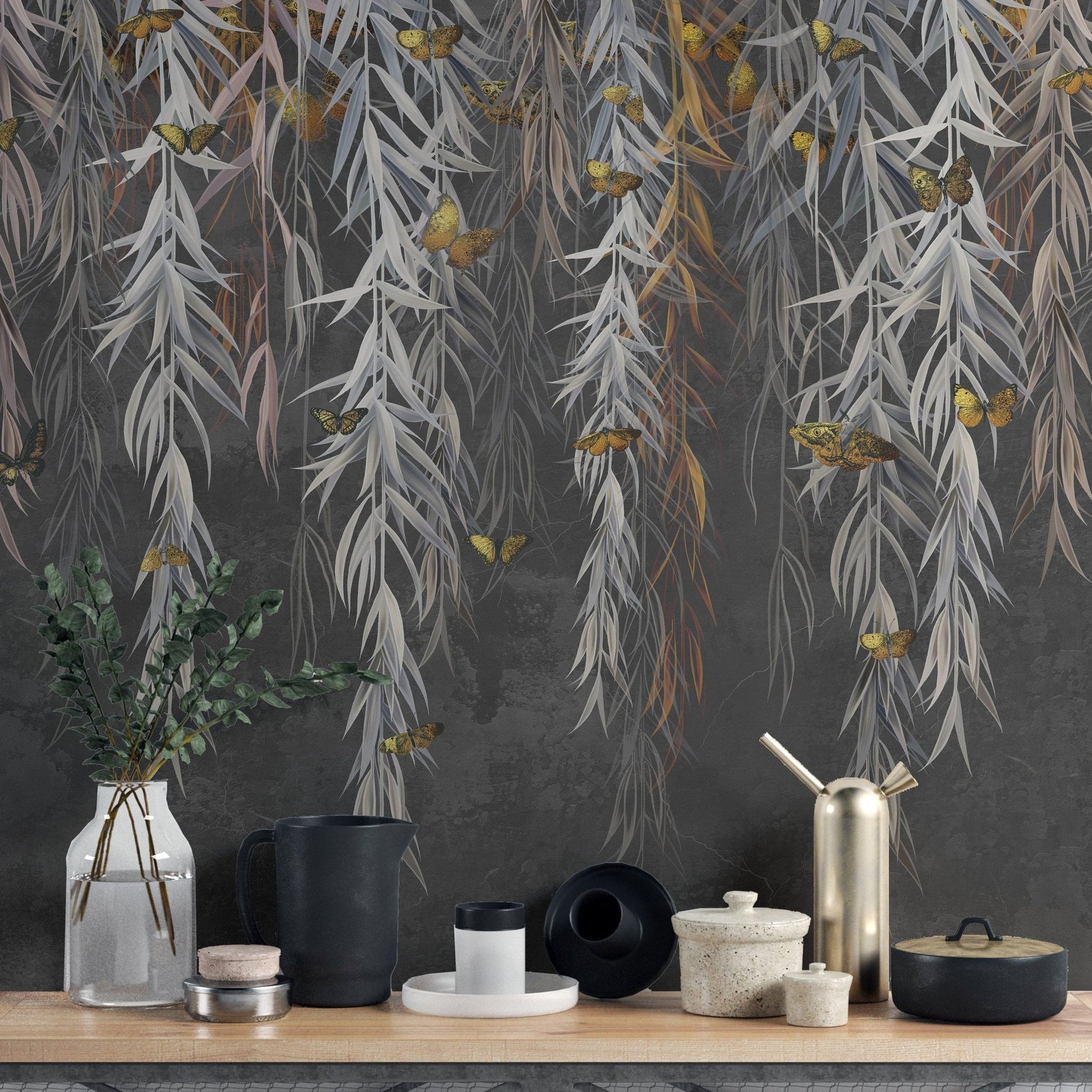 Hanging Willow Leaves and Butterflies Wallpaper Mural - Giffywalls
