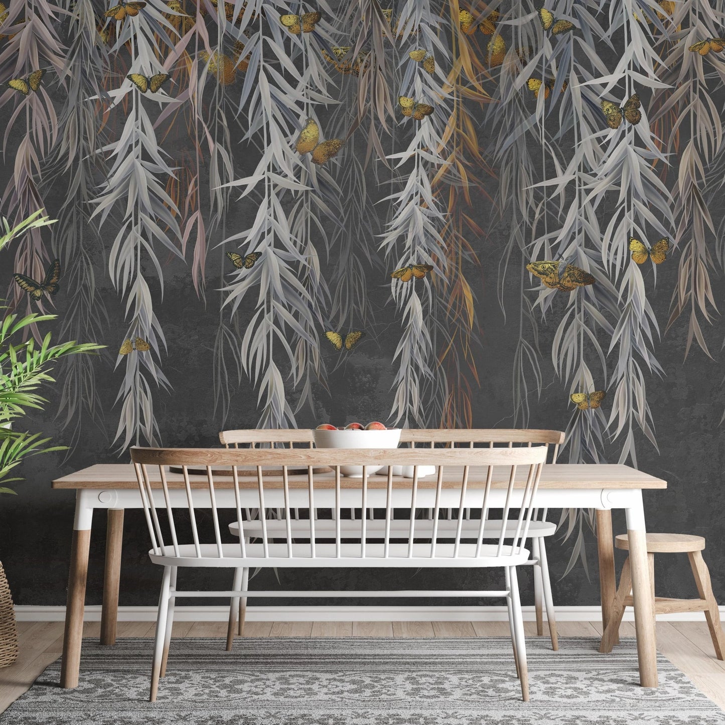 Hanging Willow Leaves and Butterflies Wallpaper Mural - Giffywalls