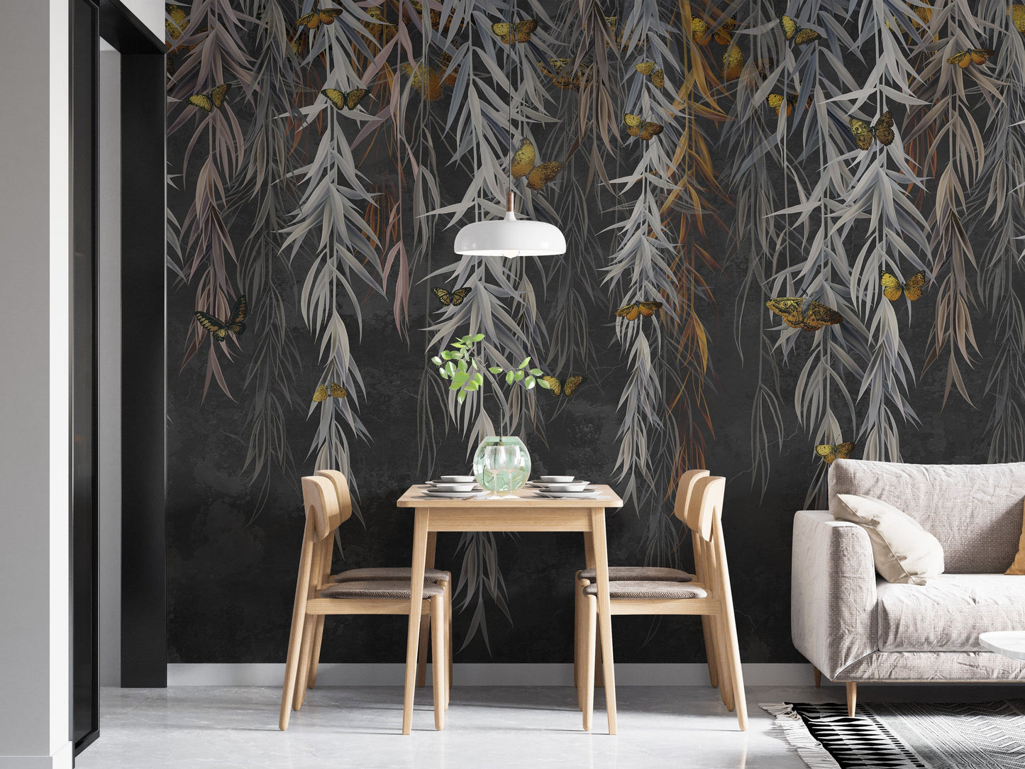 Hanging Willow Leaves and Butterflies Wallpaper Mural - Giffywalls