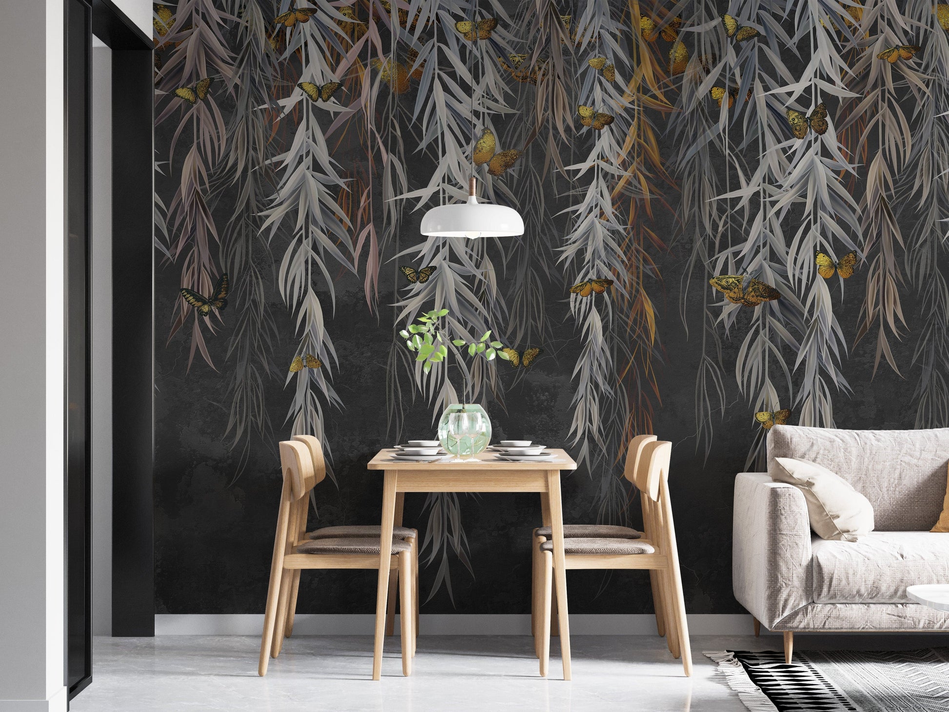 Hanging Willow Leaves and Butterflies Wallpaper Mural - Giffywalls