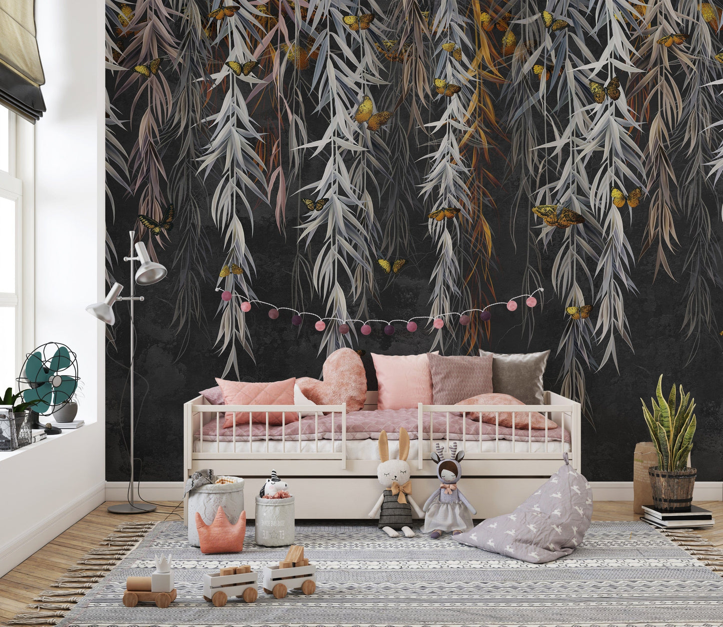 Serene hanging willow leaves and butterflies mural design