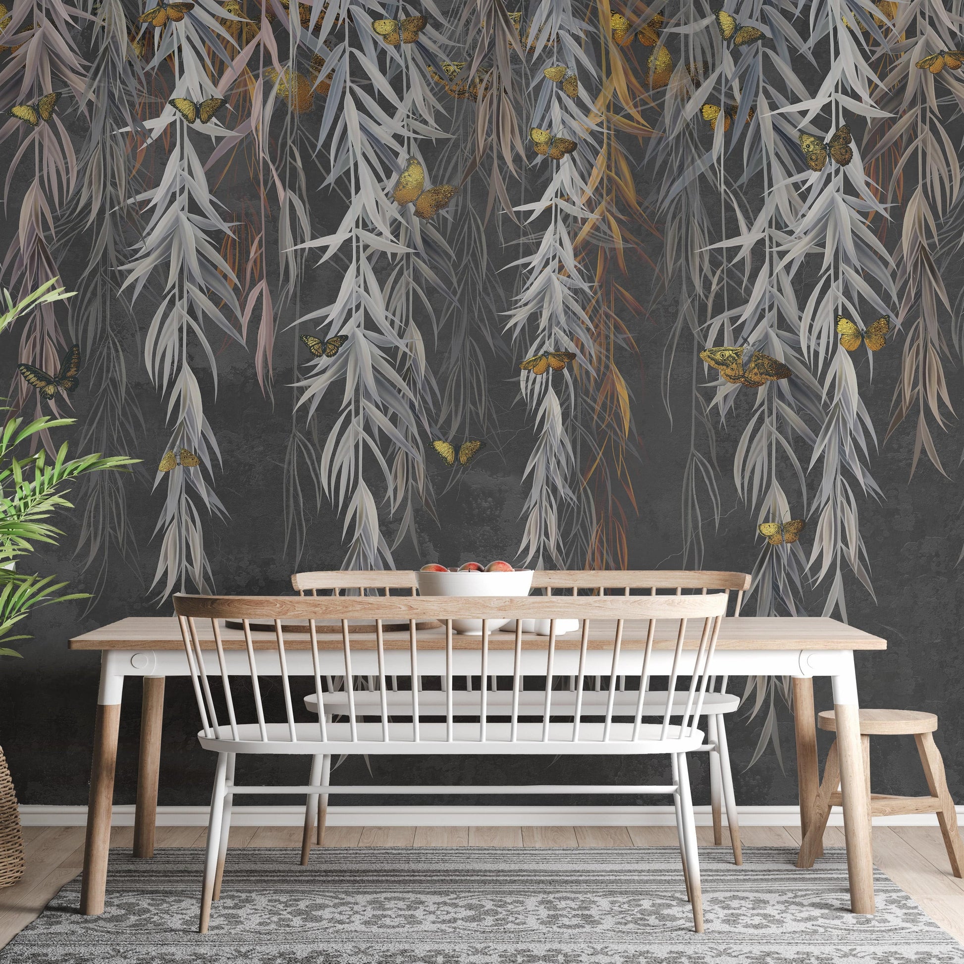 Hanging Willow Leaves and Butterflies Wallpaper Mural - Giffywalls