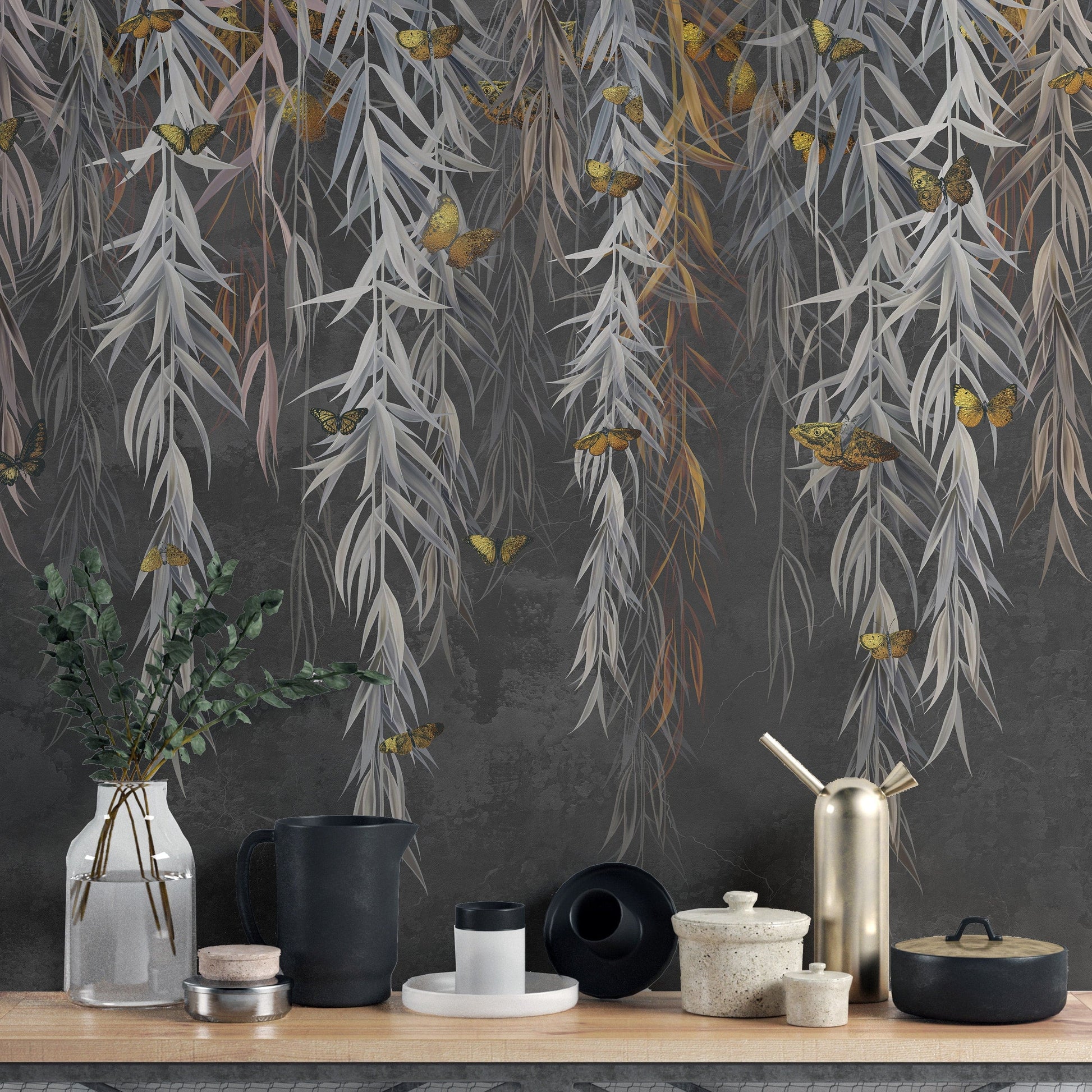 Hanging Willow Leaves and Butterflies Wallpaper Mural - Giffywalls
