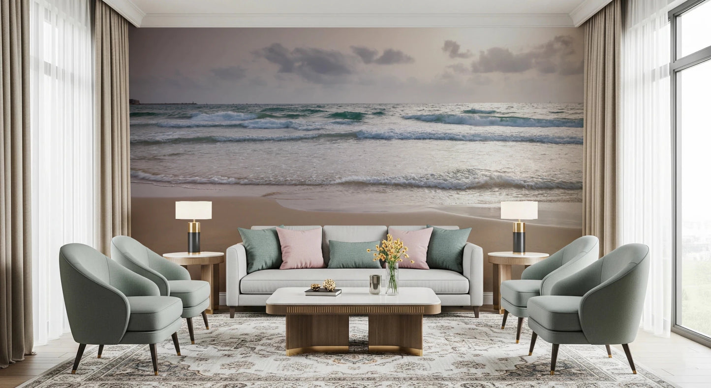 Beach themed wall mural with gentle ocean waves