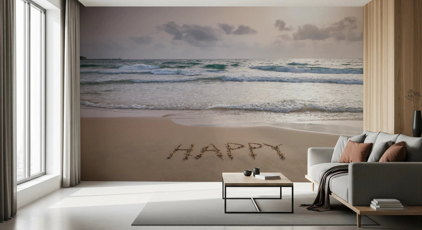 Beach wall mural with sandy shore and blue water