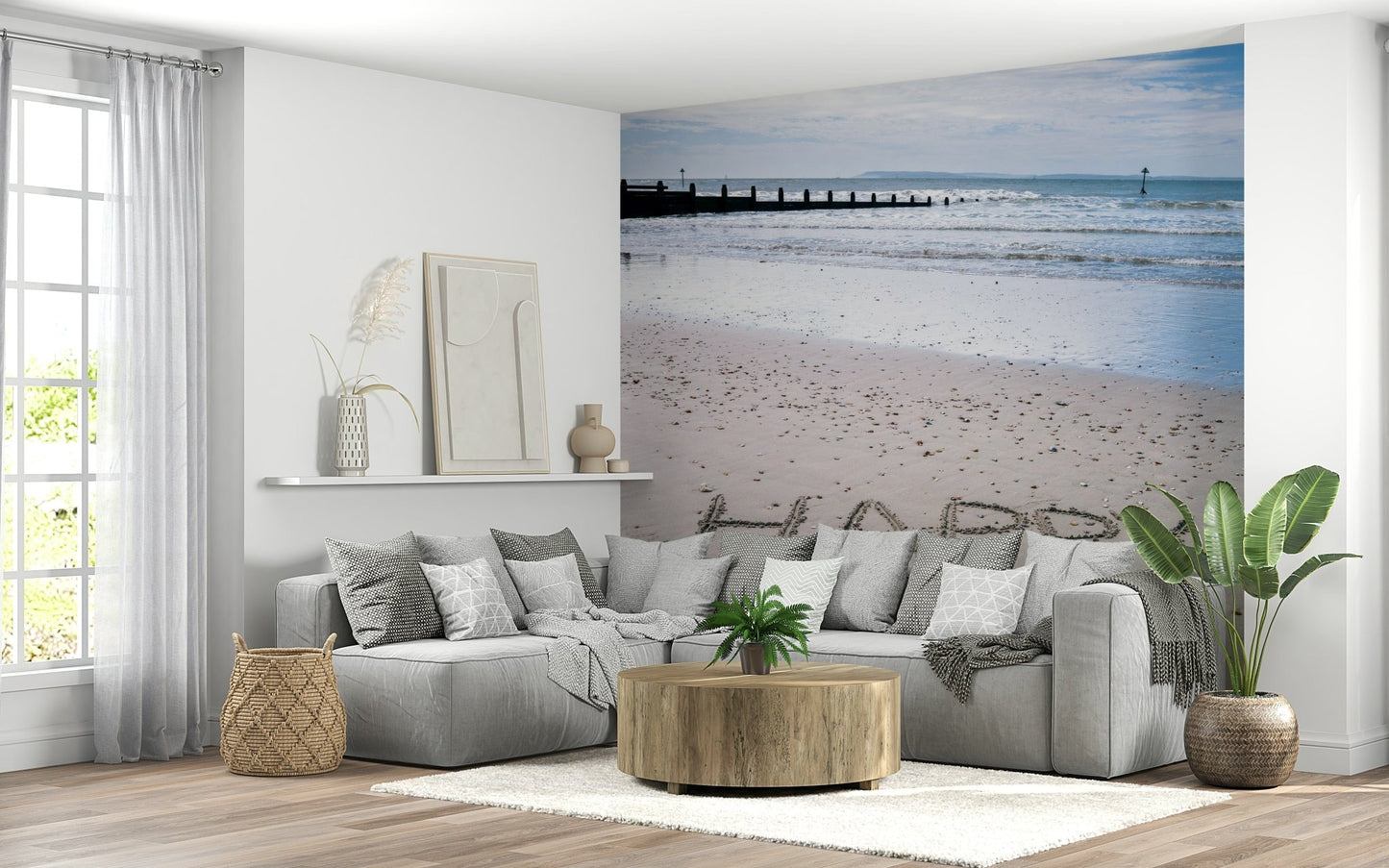 Serene blue sky Happy Beach, calming interior beach wall decor.