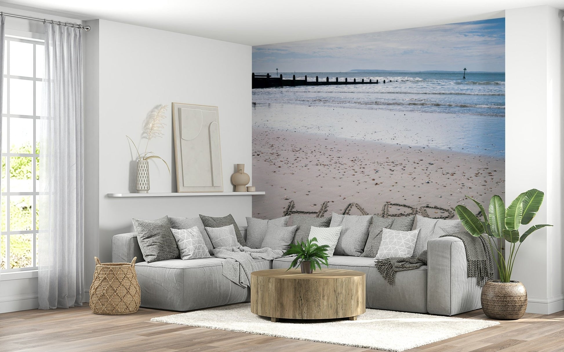 Serene blue sky Happy Beach, calming interior beach wall decor.