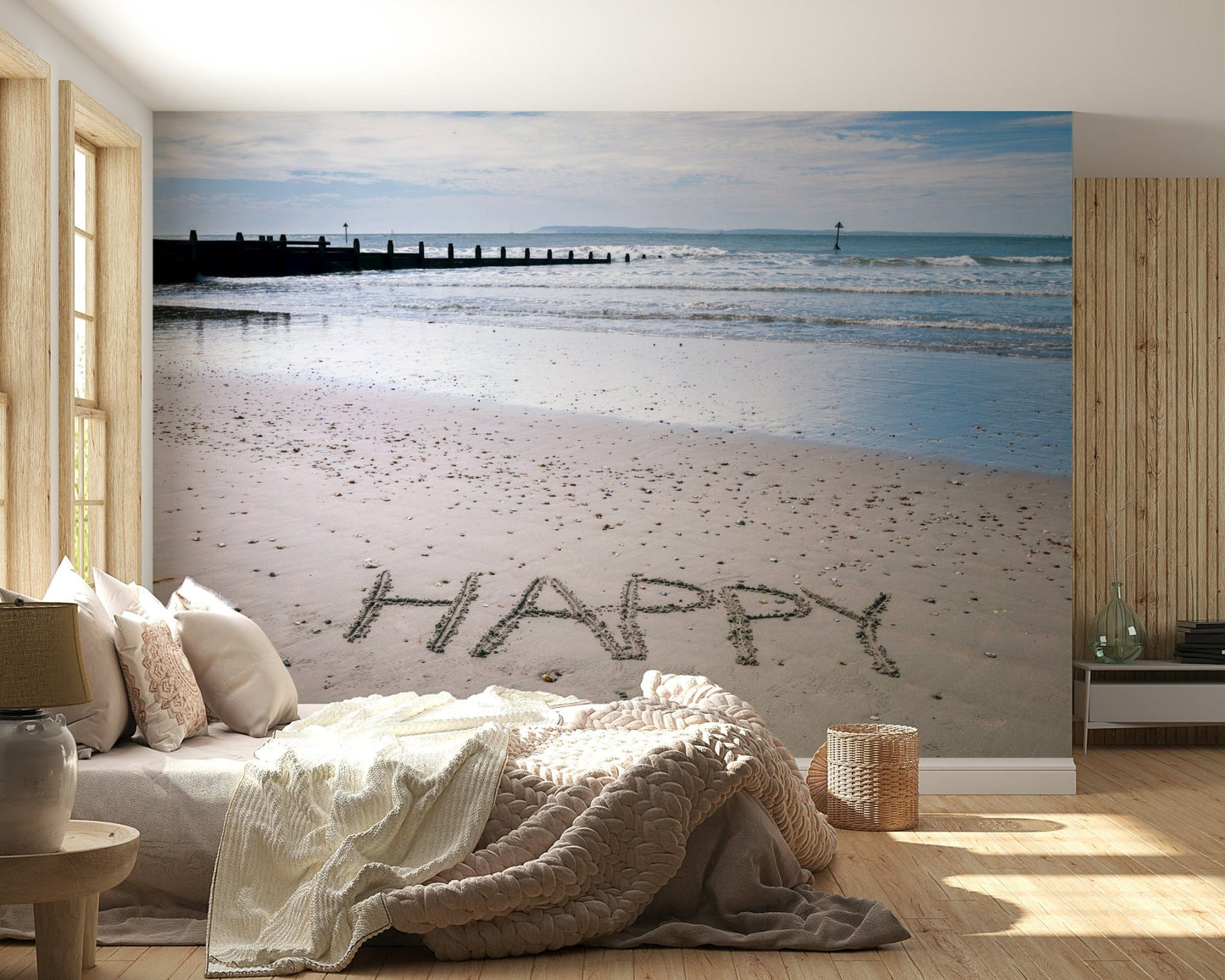 Inspirational word art Happy Beach, unique wallpaper for walls design.