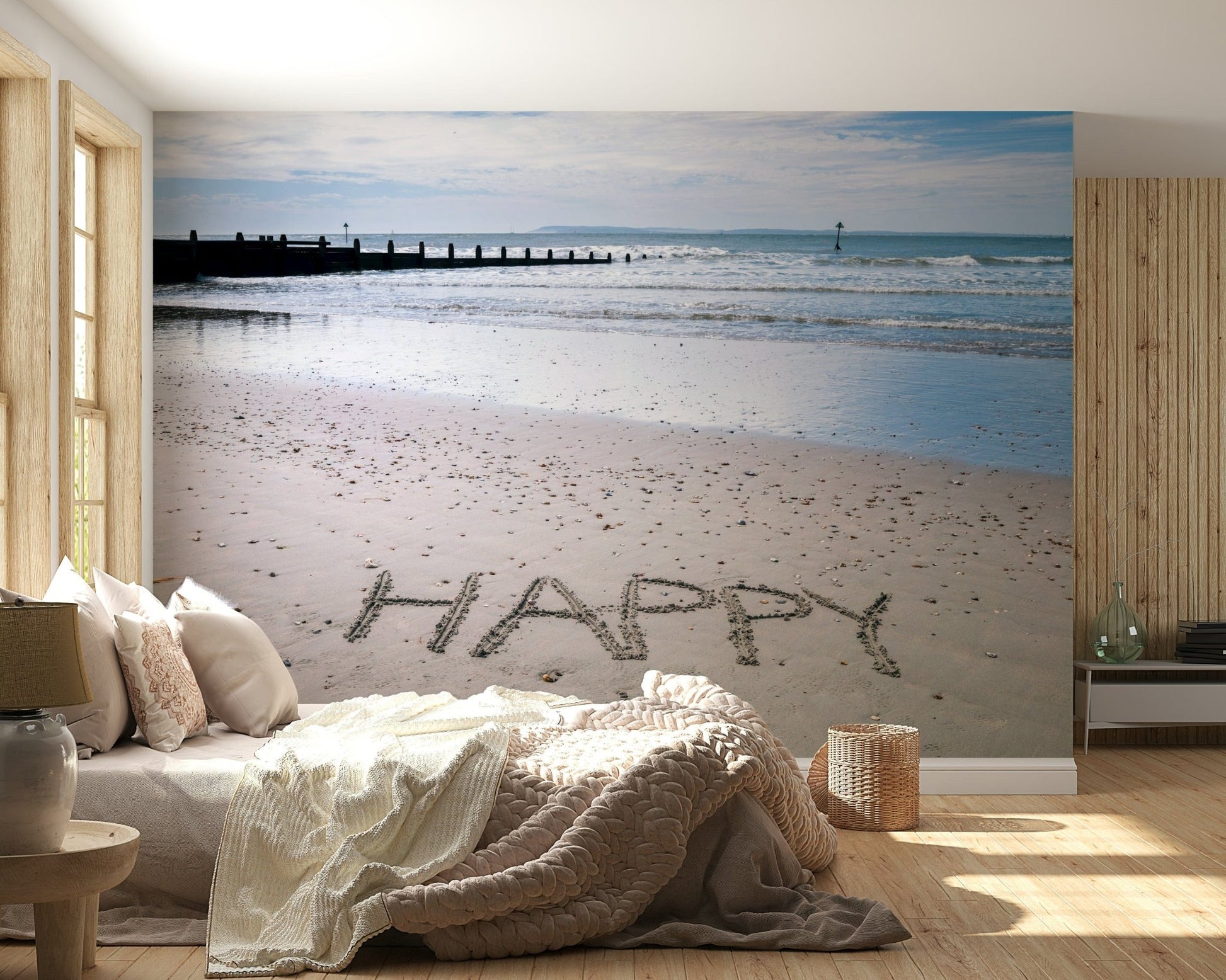 Inspirational word art Happy Beach, unique wallpaper for walls design.
