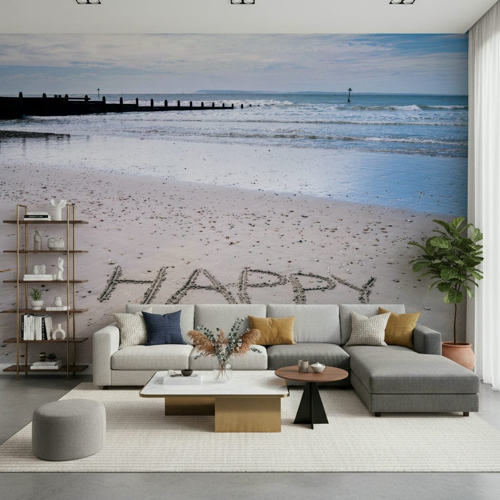 Message in sand Happy Beach, uplifting coastal wall decoration.
