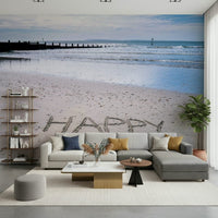 Message in sand Happy Beach, uplifting coastal wall decoration.