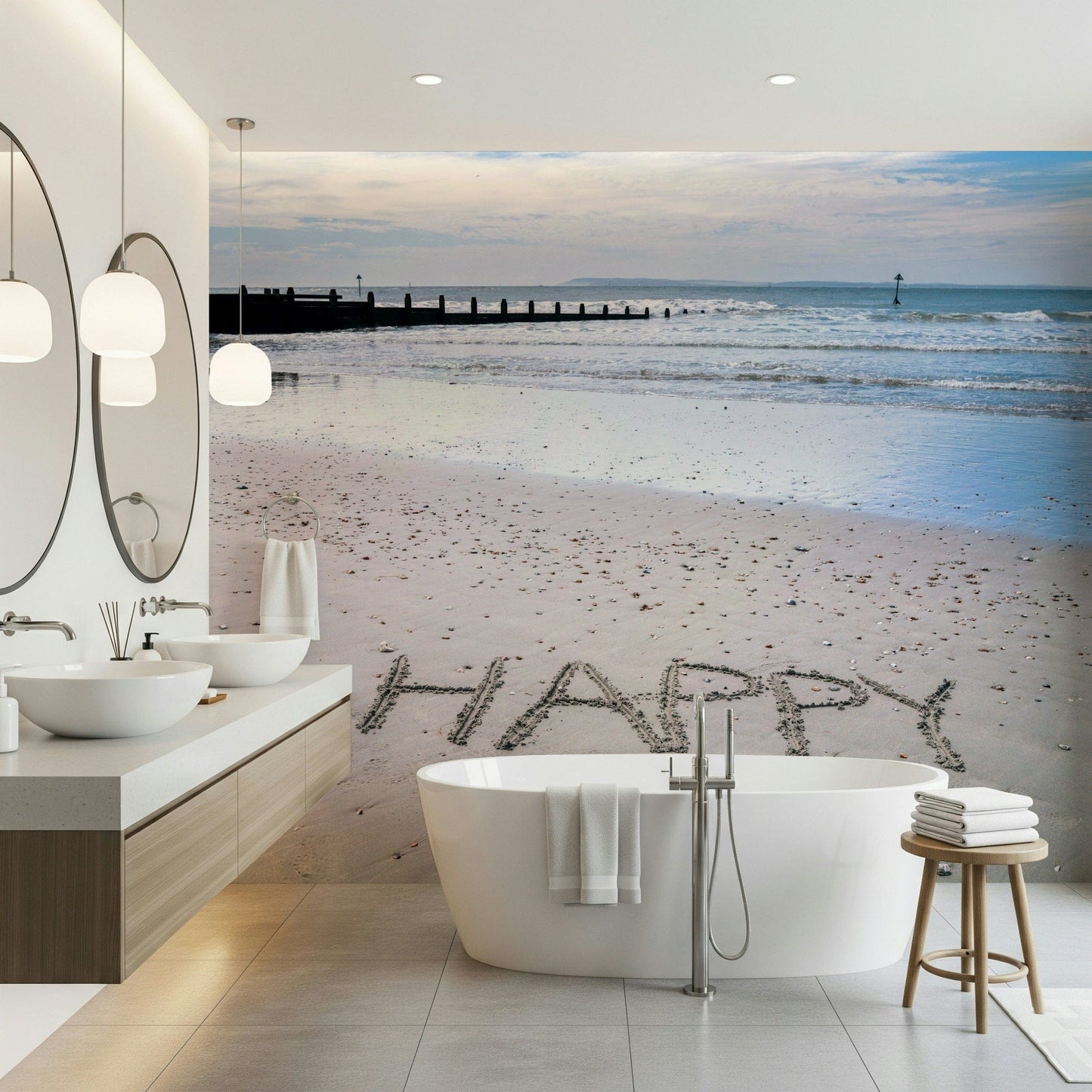 Reflecting wet beach Happy Beach Wall Mural, simple feel-good peel and stick.