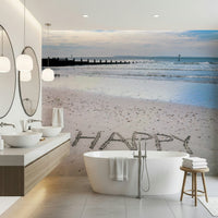Reflecting wet beach Happy Beach Wall Mural, simple feel-good peel and stick.