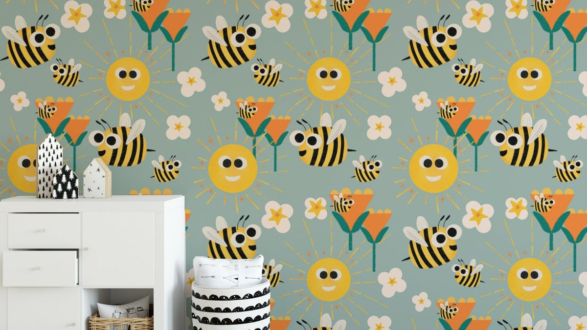 Bee and sunshine mural wallpaper on blue, SUSCT87
