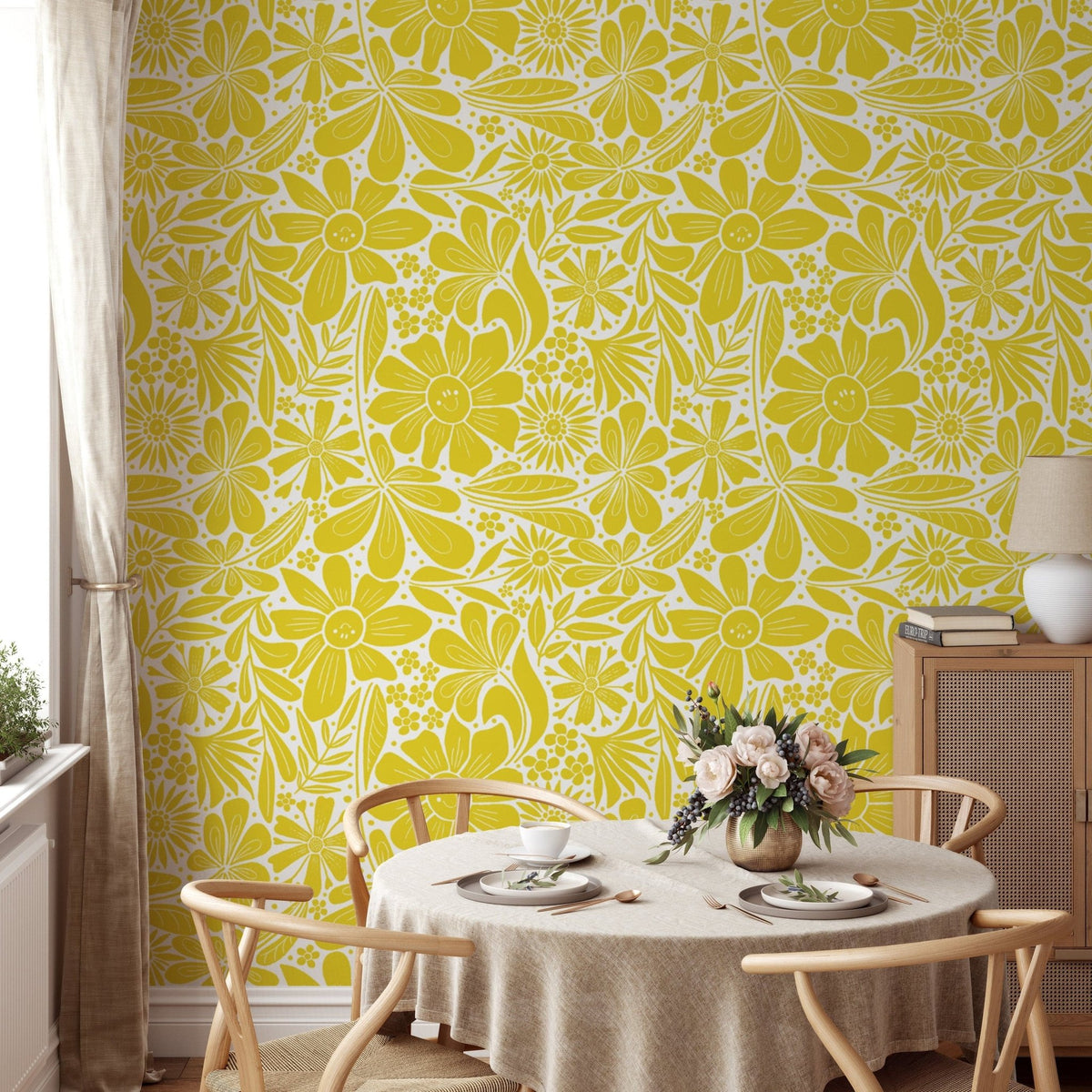 Happy blooms yellow wallpaper for vibrant and joyful wall decor. NI11
