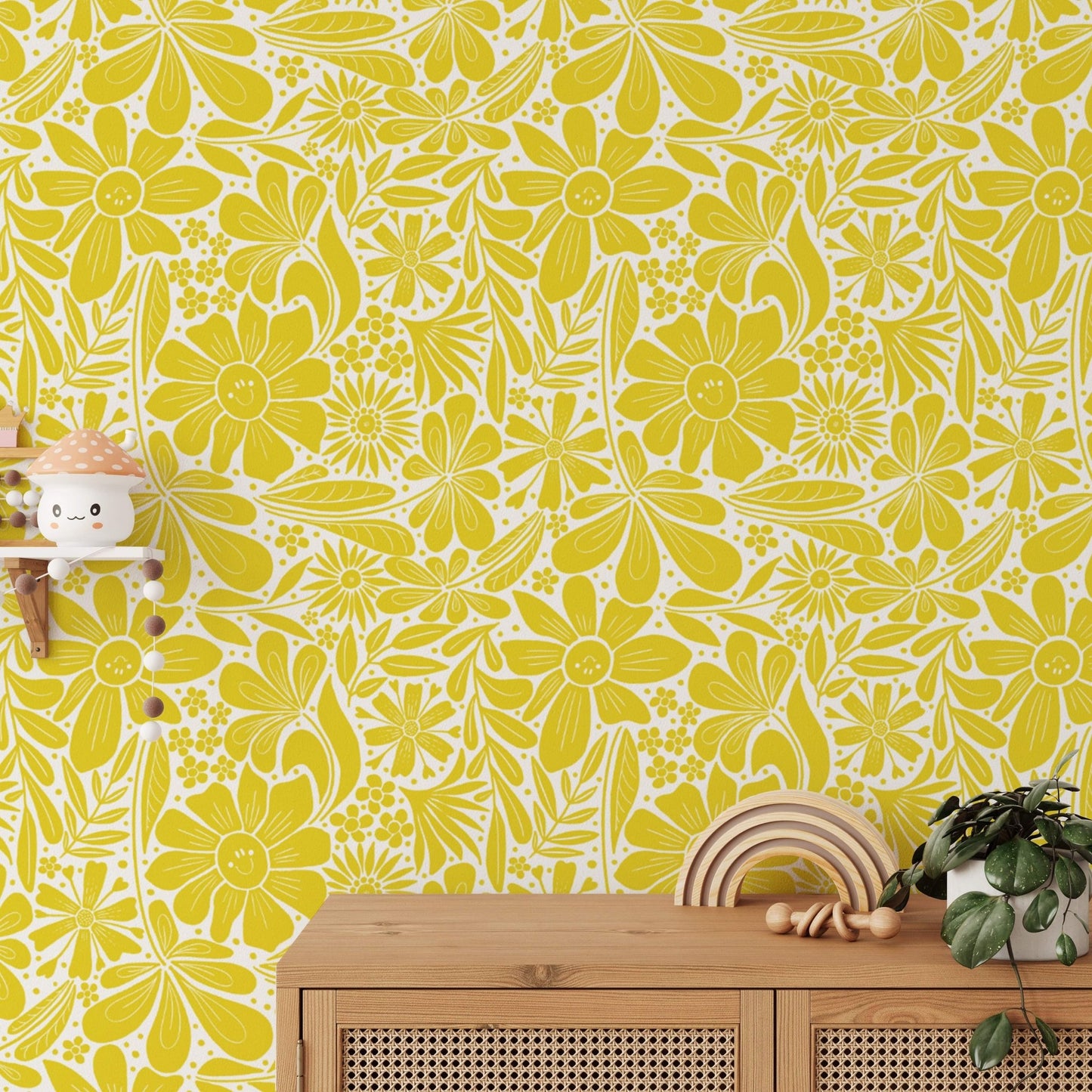 Bright yellow wallpaper featuring charming happy bloom patterns. NI11
