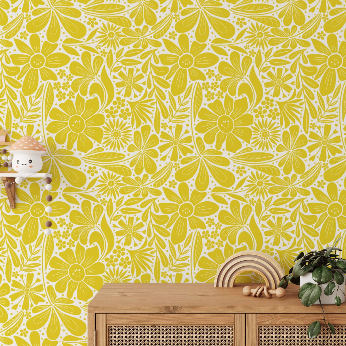 Bright yellow wallpaper featuring charming happy bloom patterns. NI11
