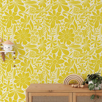 Bright yellow wallpaper featuring charming happy bloom patterns. NI11
