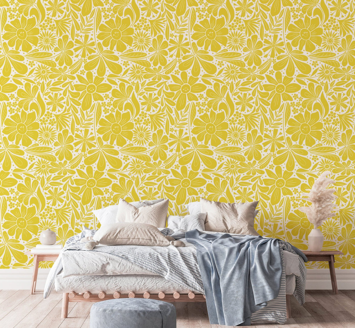 Cheerful happy blooms yellow wallpaper with vibrant floral designs. NI11
