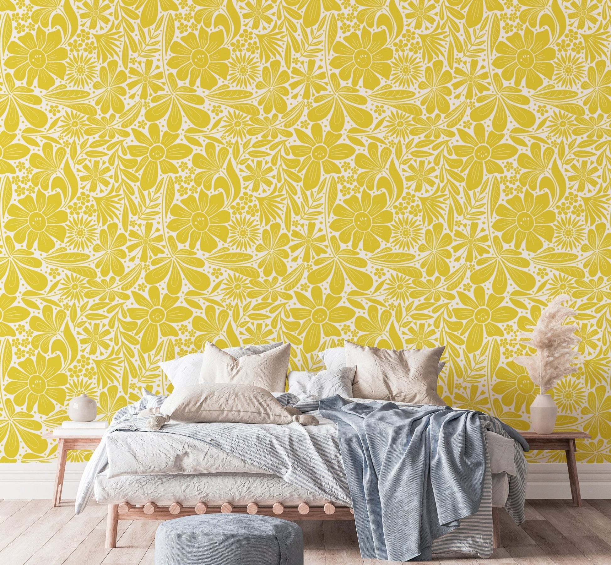 Cheerful happy blooms yellow wallpaper with vibrant floral designs. NI11
