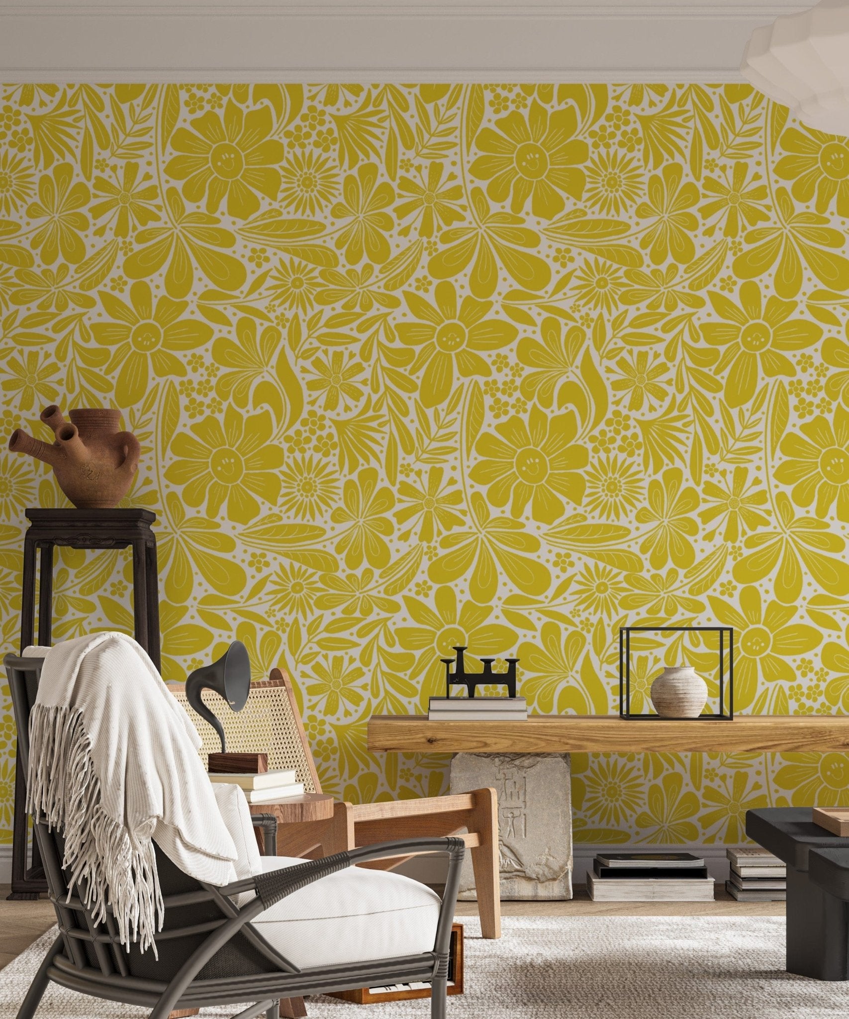 Minimalist happy blooms wallpaper with soft yellow tones NI11
