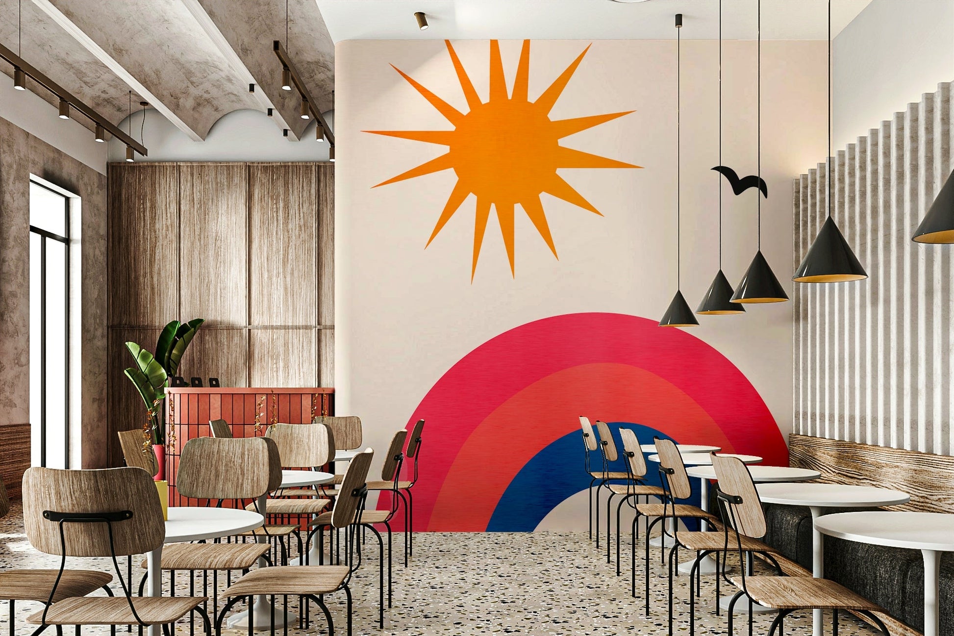 Features a lively and optimistic scene with bright colors.
