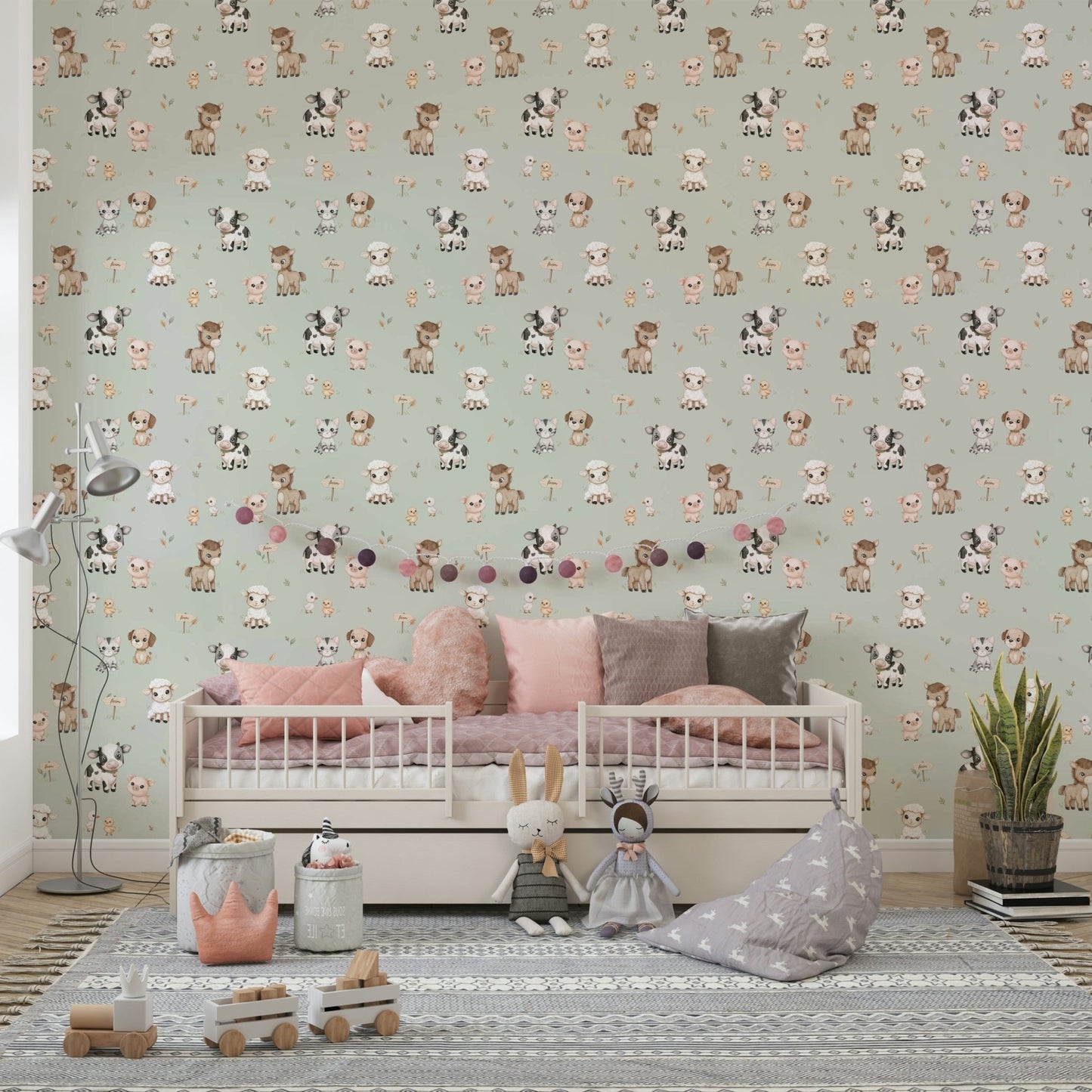 Happy farmtime wallpaper mural in mint shade for kids’ walls

