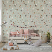 Happy farmtime wallpaper mural in mint shade for kids’ walls

