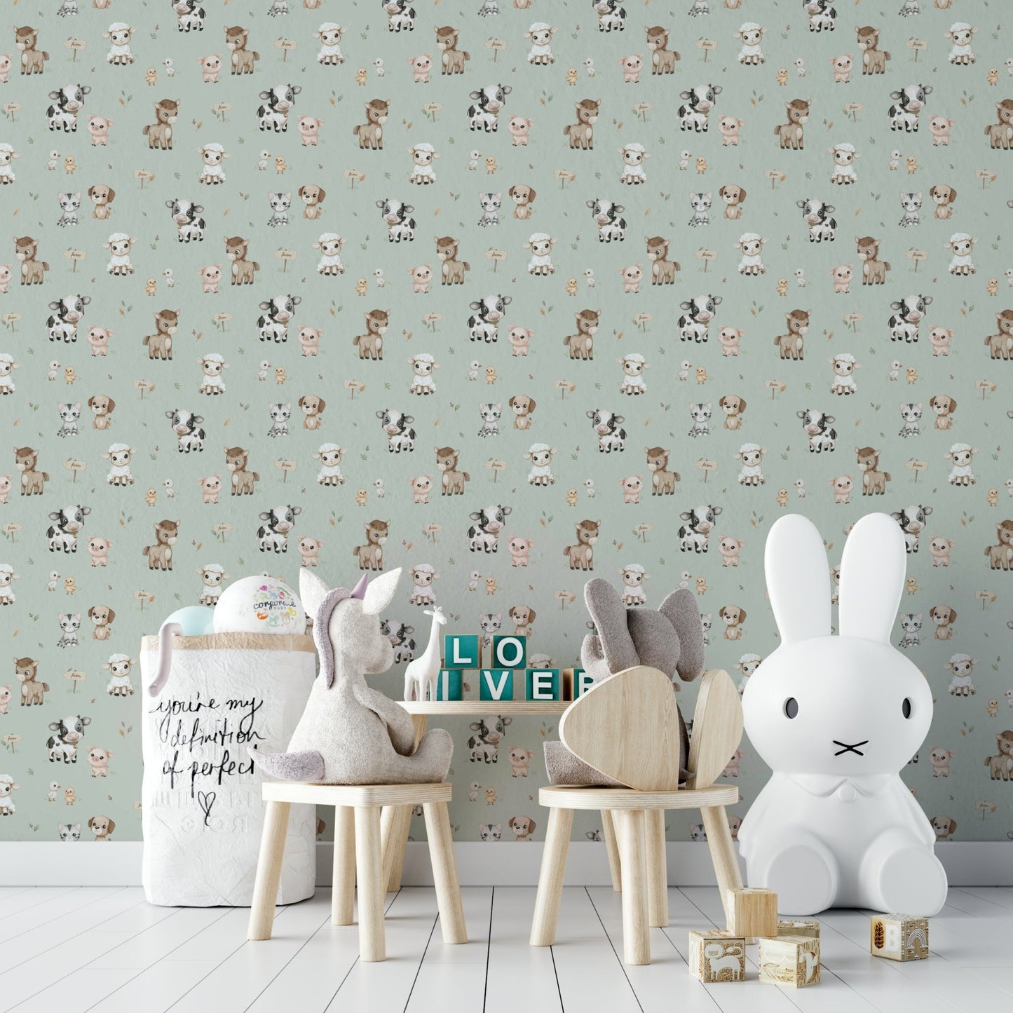 Cute farm animal wallpaper on soft mint background

